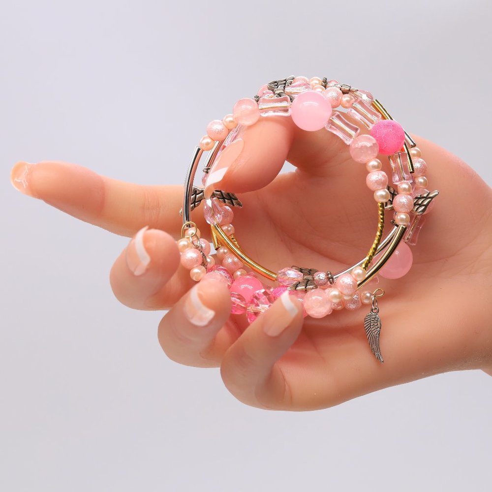 Angels theme Rose Quartz stone bead bracelet with Pearls and Crystals.